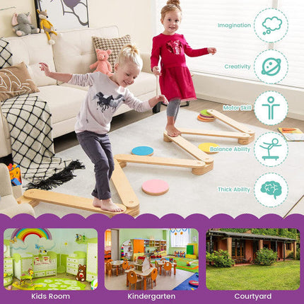 12-Piece Kids Wooden Balance Beam With Colorful Steeping Stones