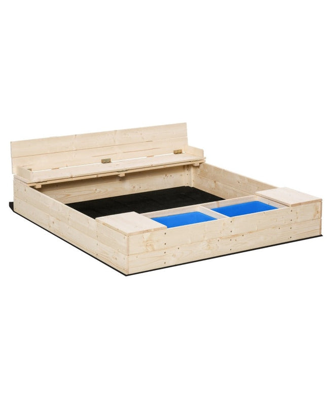 Outsunny Kids Wooden Sandbox w/ Two Plastic Boxes Foldable Bench Seat Waterproof Cover Bottom Liner Storage Space
