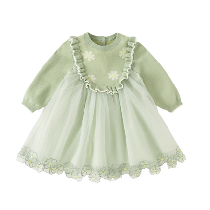 Toddler Girls Vivid Bean Green Sweater Mesh Princess Dress