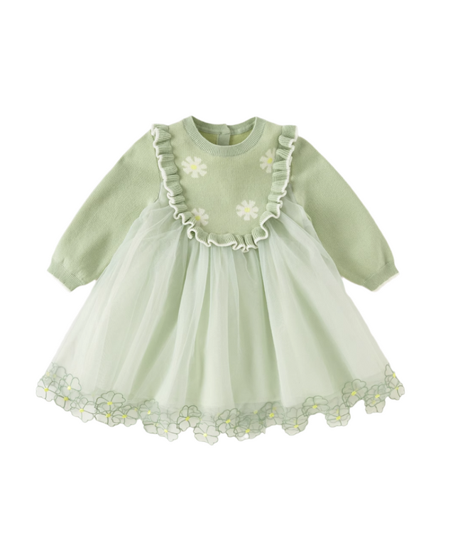 Toddler Girls Vivid Bean Green Sweater Mesh Princess Dress