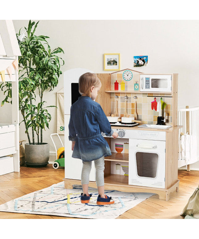 Wooden Kids Pretend Kitchen Playset Cooking Play Toy With Utensils and Sound