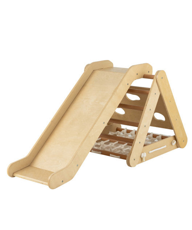 4 in 1 Triangle Climber Toy With Sliding Board and Climbing Net-Natural