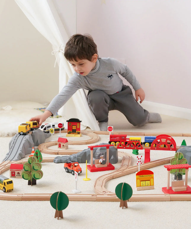 Tiny Land® Wooden Track Trains 55 Pcs
