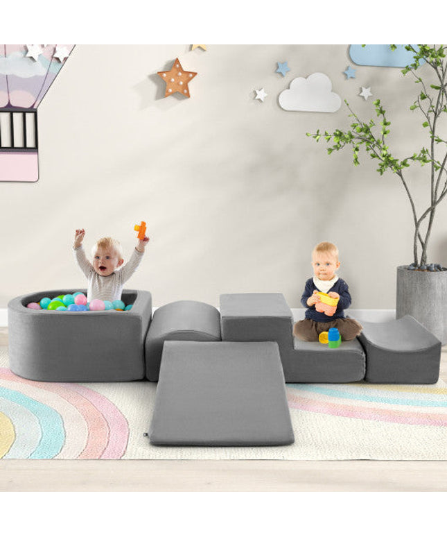 5-Piece Climb and Crawl Playset With Ball Pit for Kids-Gray