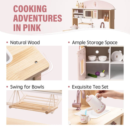 Wooden Play Kitchen with Realistic Accessories - Pink