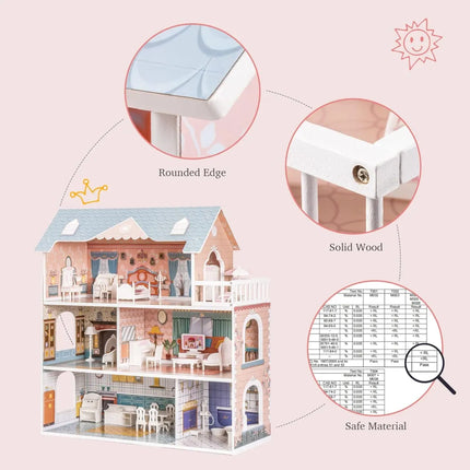 Wooden Dollhouse for Kids Girls with Furniture