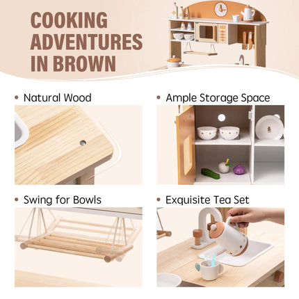 Wooden Play Kitchen with Realistic Accessories - Caramel