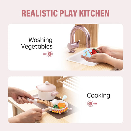 Wooden Play Kitchen with Realistic Accessories - Pink
