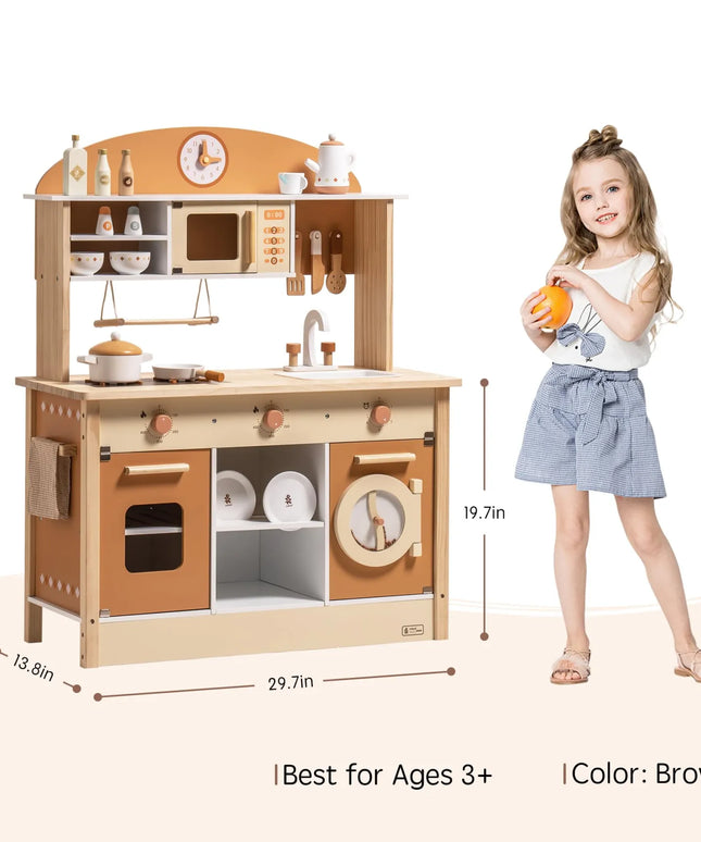 Wooden Play Kitchen with Realistic Accessories - Caramel