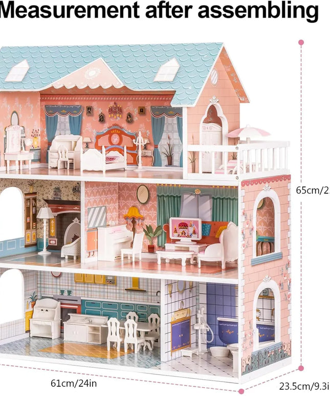 Wooden Dollhouse for Kids Girls with Furniture