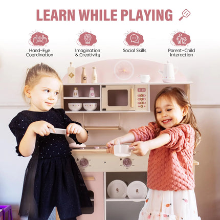 Wooden Play Kitchen with Realistic Accessories - Pink