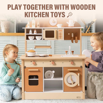 Wooden Play Kitchen with Realistic Accessories - Caramel