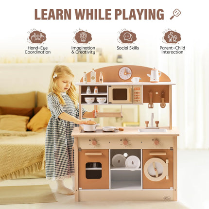 Wooden Play Kitchen with Realistic Accessories - Caramel