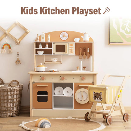 Wooden Play Kitchen with Realistic Accessories - Caramel
