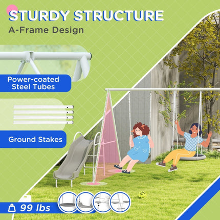 Outsunny 5 in 1 Kids Swing Set for Backyard with Heavy-Duty A-Frame Stand - Gray