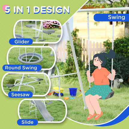 Outsunny 5 in 1 Kids Swing Set for Backyard with Heavy-Duty A-Frame Stand - Gray