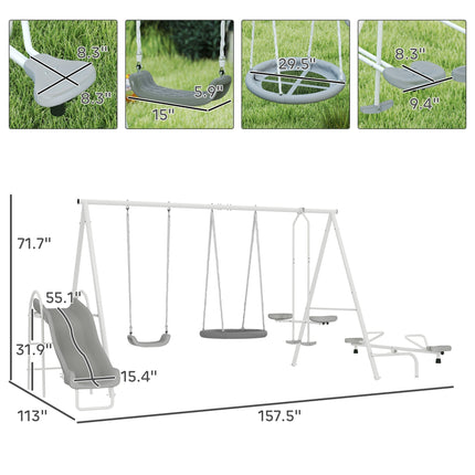 Outsunny 5 in 1 Kids Swing Set for Backyard with Heavy-Duty A-Frame Stand - Gray