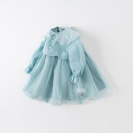 Toddler Girls Noble Grey Blue Long-sleeved Princess Mesh Dress