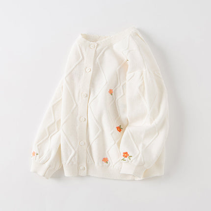 Toddler Girls Elegant Flower Embroidery Beige Knit Cotton Cardigans