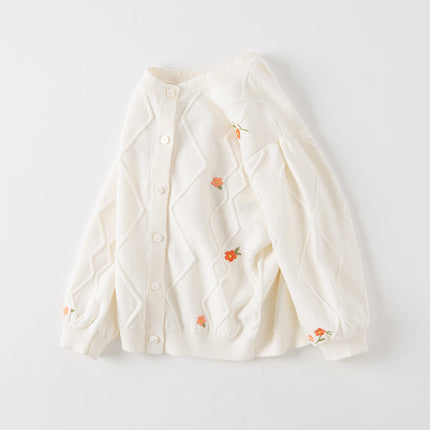 Toddler Girls Elegant Flower Embroidery Beige Knit Cotton Cardigans