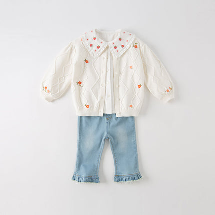 Toddler Girls Elegant Flower Embroidery Beige Knit Cotton Cardigans