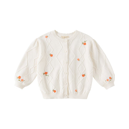 Toddler Girls Elegant Flower Embroidery Beige Knit Cotton Cardigans