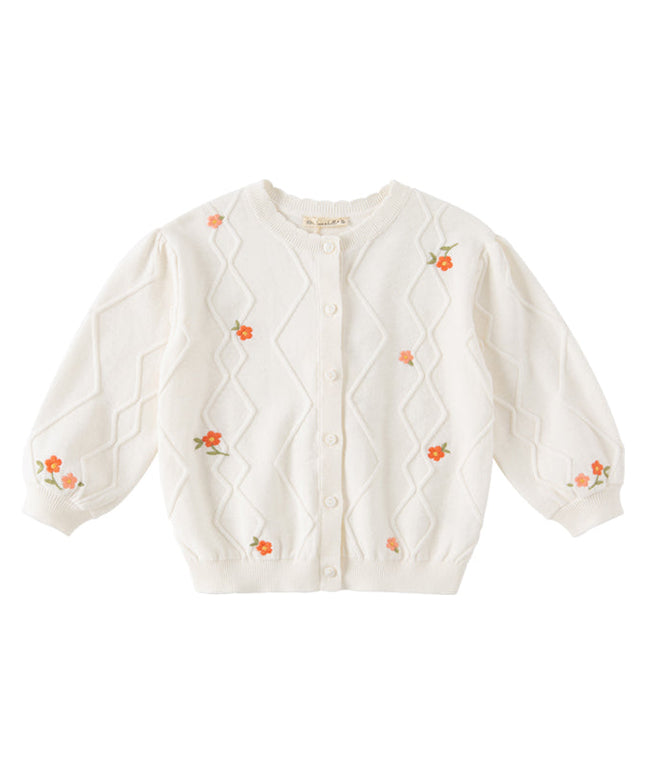 Toddler Girls Elegant Flower Embroidery Beige Knit Cotton Cardigans