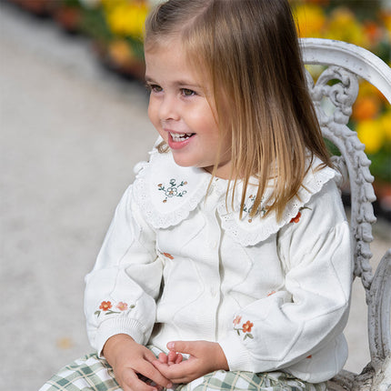 Toddler Girls Elegant Flower Embroidery Beige Knit Cotton Cardigans