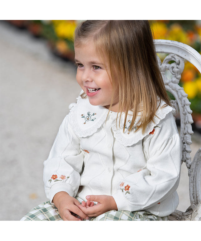 Toddler Girls Elegant Flower Embroidery Beige Knit Cotton Cardigans