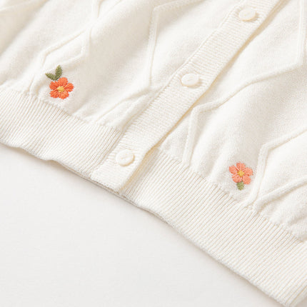 Toddler Girls Elegant Flower Embroidery Beige Knit Cotton Cardigans