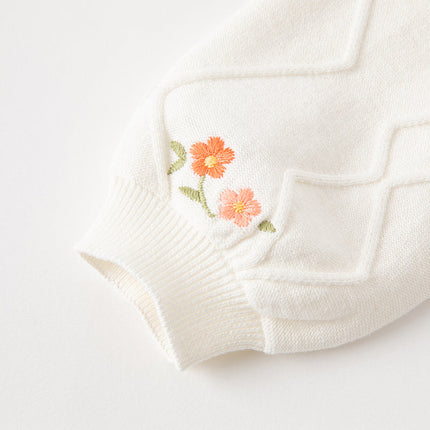 Toddler Girls Elegant Flower Embroidery Beige Knit Cotton Cardigans