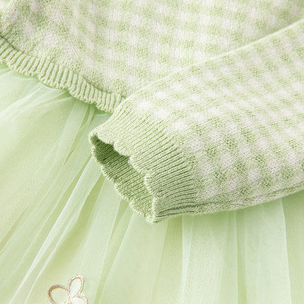 Toddler Girls Fresh Green Plaid Knit Sweater Mesh Party Dress