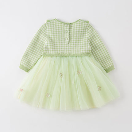 Toddler Girls Fresh Green Plaid Knit Sweater Mesh Party Dress