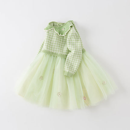 Toddler Girls Fresh Green Plaid Knit Sweater Mesh Party Dress
