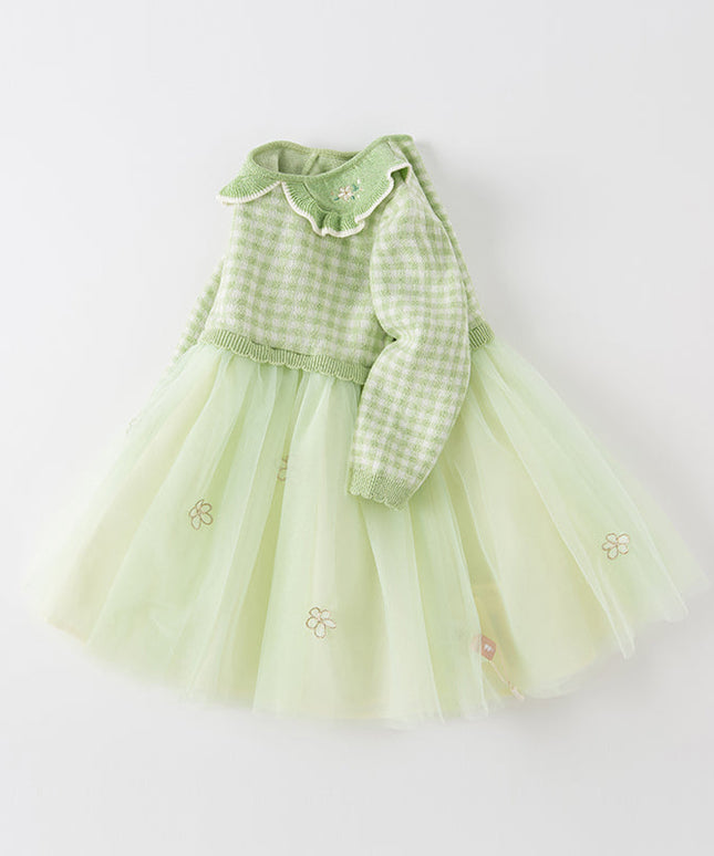 Toddler Girls Fresh Green Plaid Knit Sweater Mesh Party Dress