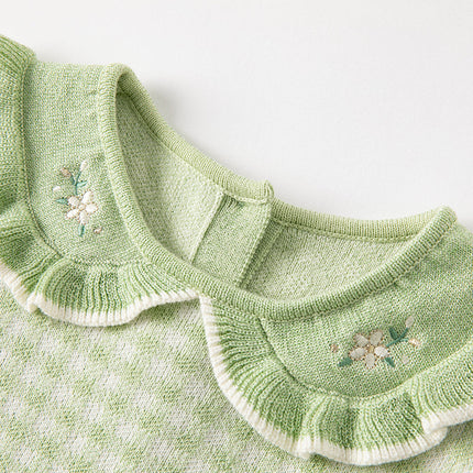 Toddler Girls Fresh Green Plaid Knit Sweater Mesh Party Dress