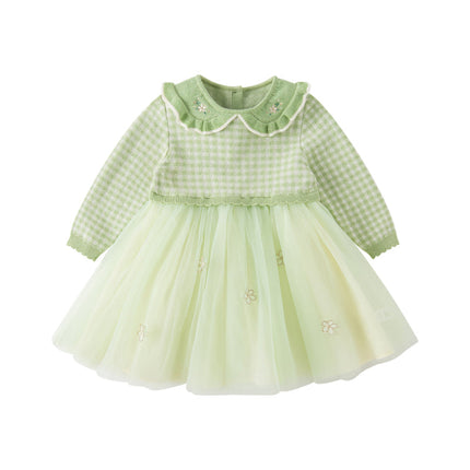 Toddler Girls Fresh Green Plaid Knit Sweater Mesh Party Dress