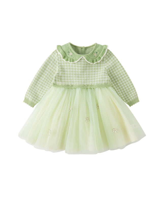 Toddler Girls Fresh Green Plaid Knit Sweater Mesh Party Dress