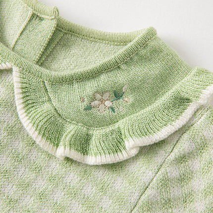 Toddler Girls Fresh Green Plaid Knit Sweater Mesh Party Dress