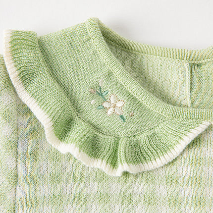 Toddler Girls Fresh Green Plaid Knit Sweater Mesh Party Dress