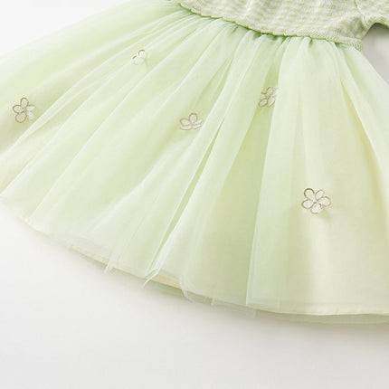Toddler Girls Fresh Green Plaid Knit Sweater Mesh Party Dress