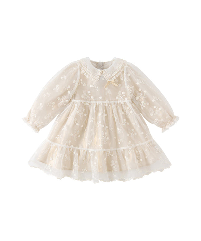 Toddler Girls Beige Embroidered Craft Court Style Mesh Princess Dress