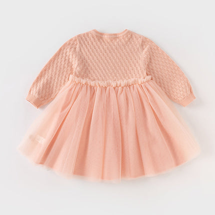 Toddler Girls Light Pink Soft Knit Sweater Mesh A-line Princess Dress