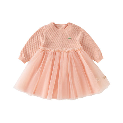 Toddler Girls Light Pink Soft Knit Sweater Mesh A-line Princess Dress