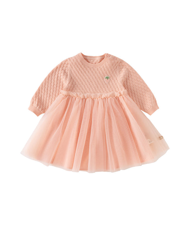 Toddler Girls Light Pink Soft Knit Sweater Mesh A-line Princess Dress