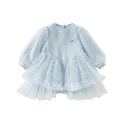 Toddler Girls Gentle Light Blue Knit Sweater Mesh Princess Dress
