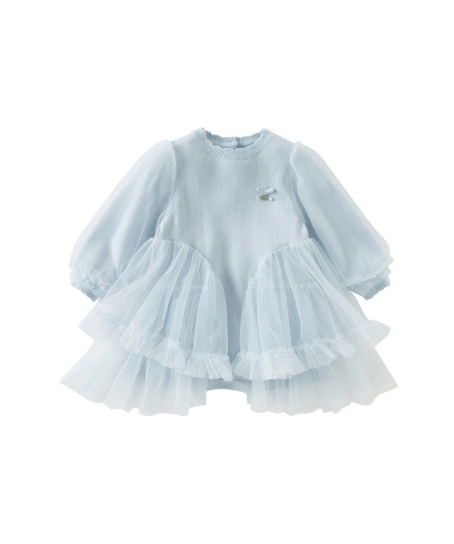 Toddler Girls Gentle Light Blue Knit Sweater Mesh Princess Dress