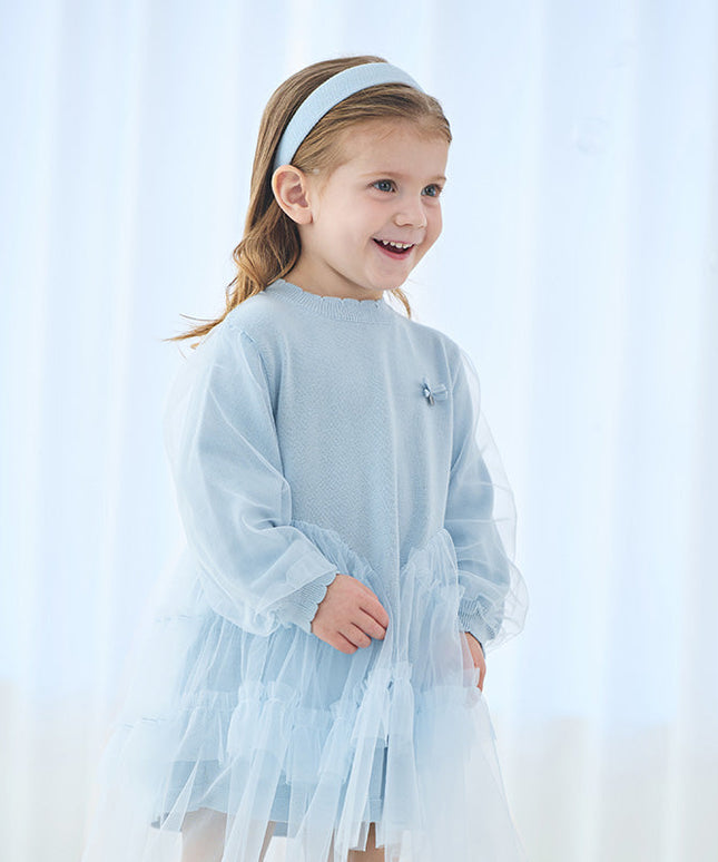 Toddler Girls Gentle Light Blue Knit Sweater Mesh Princess Dress