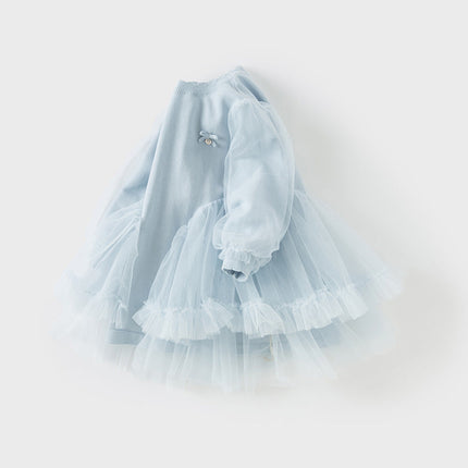 Toddler Girls Gentle Light Blue Knit Sweater Mesh Princess Dress