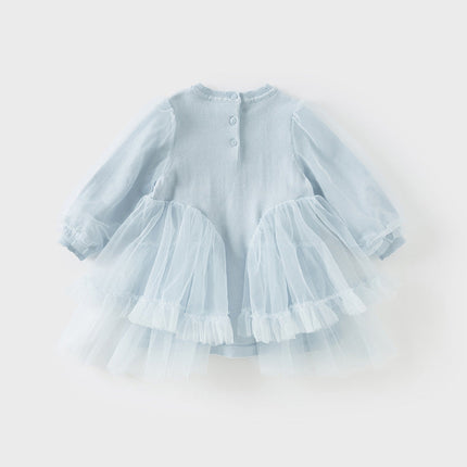 Toddler Girls Gentle Light Blue Knit Sweater Mesh Princess Dress